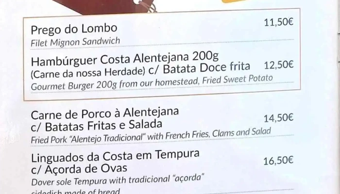 Costa Alentejana -  Cardapio - Zambujeira Do Mar